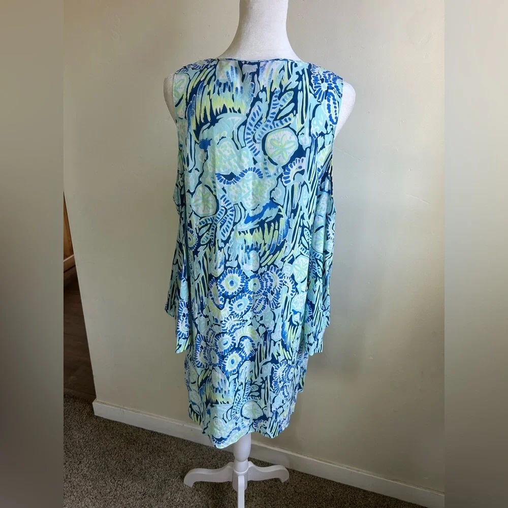 Lilly Pulitzer Cold Shoulder Dress Sz Small Tasseled Airy Blue Green EUC - Picture 5 of 12